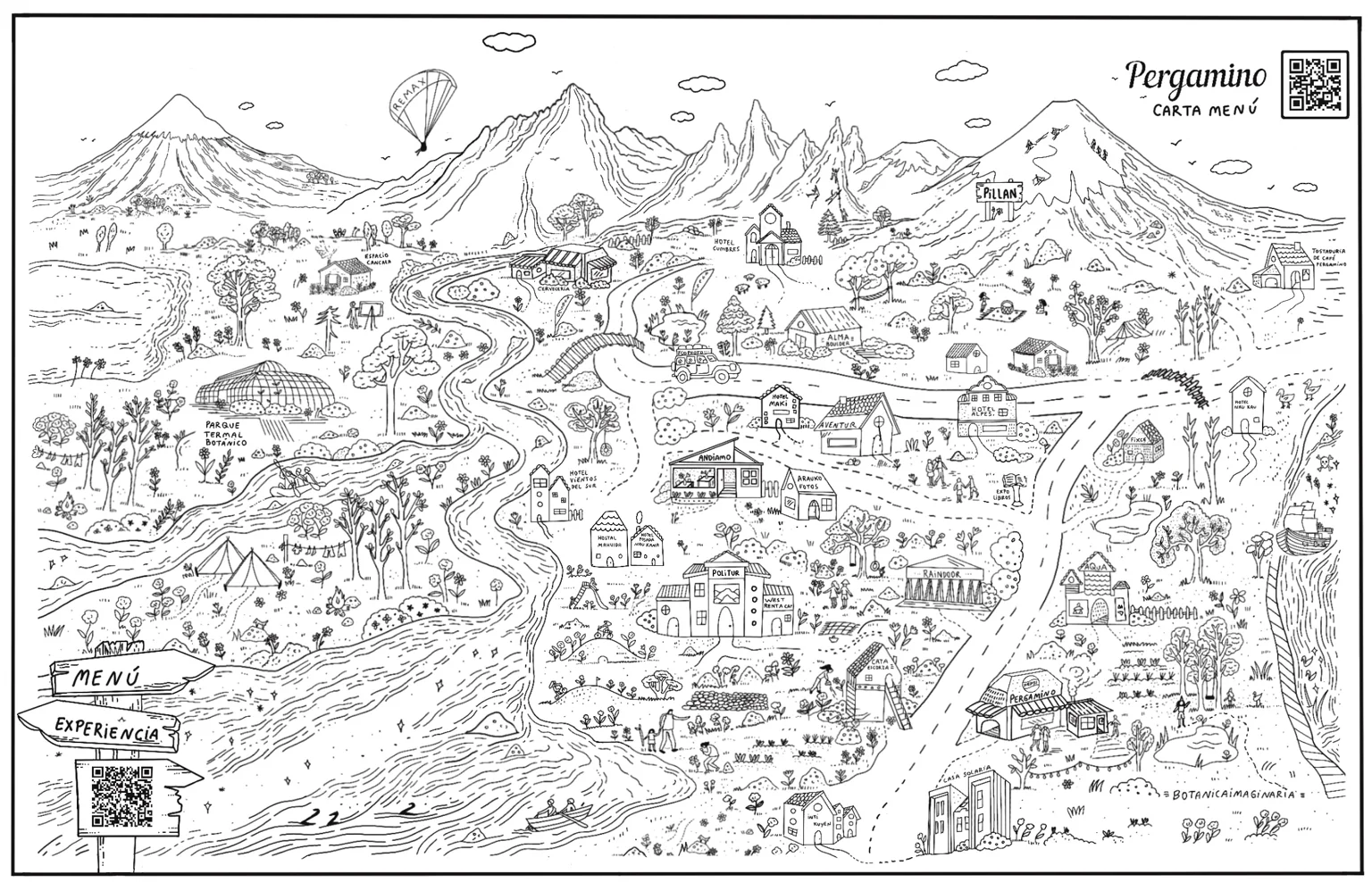Mapa ilustrado a mano de Pucón con Pillán, Parque Termal Botánico, hoteles, Fixce, Aqua, Politur y otros lugares recomendados por Pergamino